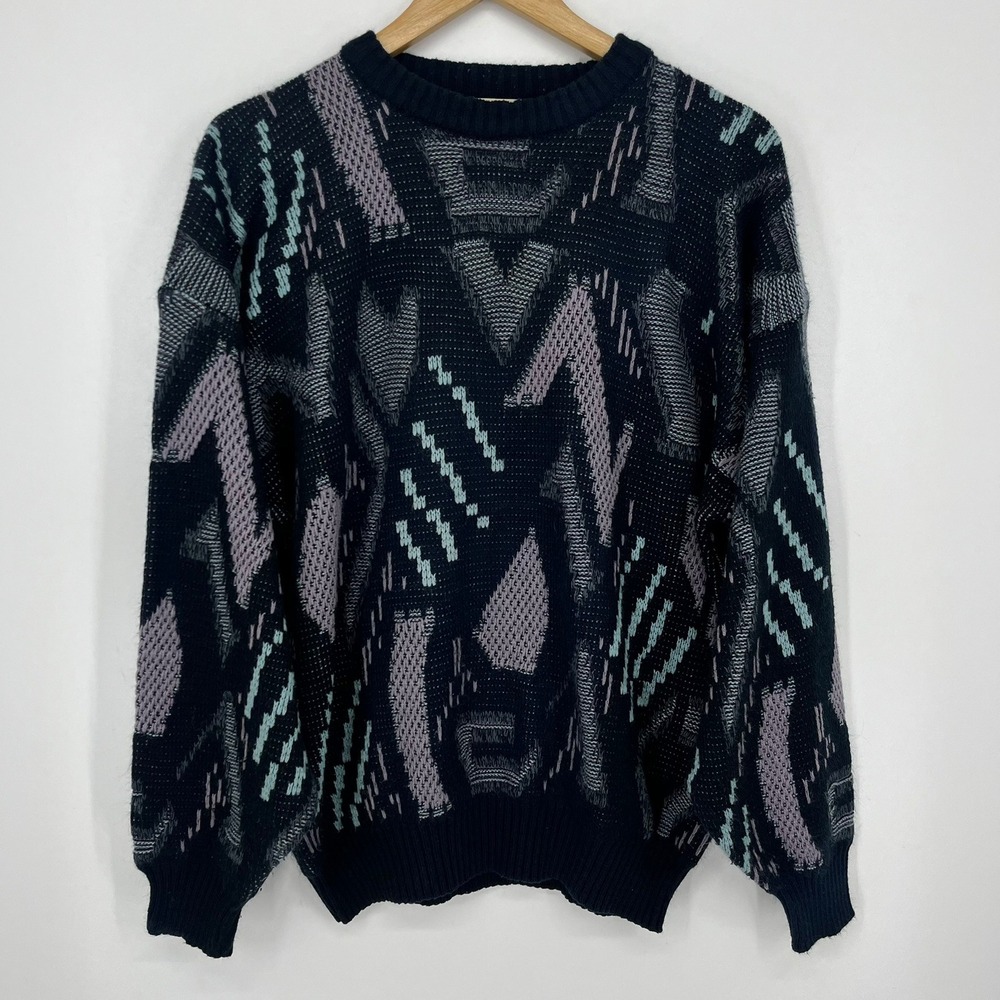 Michael Gerald Mens XL Vintage 80s Geometric Abstract Knit Crew Neck Sweater